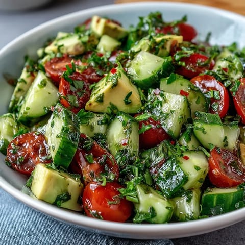 Fresh cucumber tomato avocado salad with lemon dressing, bursting with vibrant colors and creamy textures in a light, zesty bowl.  