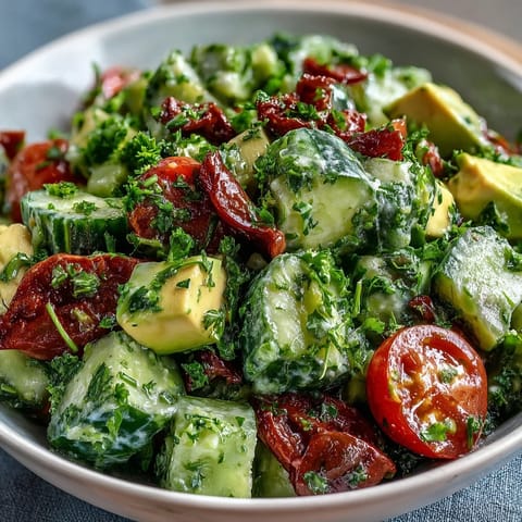 Zesty lemon dressing drizzled over crisp cucumber, juicy tomatoes, and creamy avocado for a refreshing summer salad side dish.  
