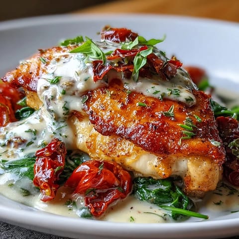 Creamy Tuscan Chicken with Sun-Dried Tomatoes served over pasta with spinach and Parmesan in a rich, aromatic sauce.