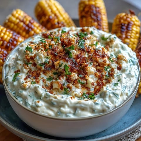 A creamy elote dip with charred corn, cotija cheese, and lime, served with crispy tortilla chips for dipping.