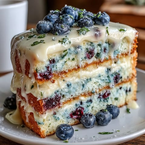 2. Moist lemon blueberry cake layers bursting with fresh berries, topped with luscious lemon cream cheese frosting and vibrant lemon zest curls.