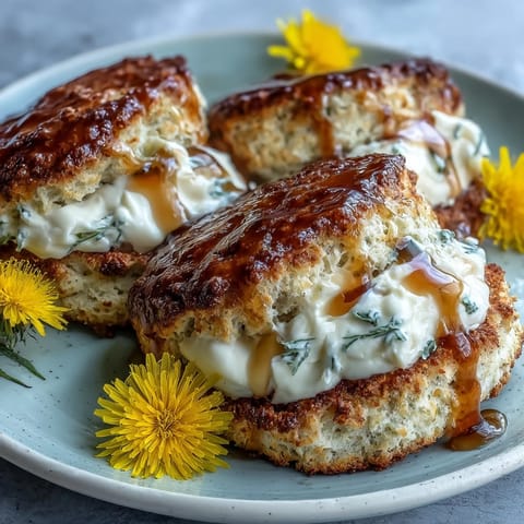 Delicate honey scones studded with bright dandelion petals, served warm with rich clotted cream for a floral spring brunch.