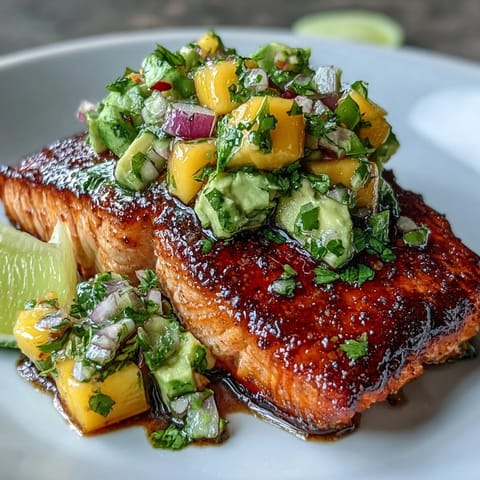 Baked salmon fillets topped with vibrant mango avocado salsa, a healthy and colorful summer dinner.  