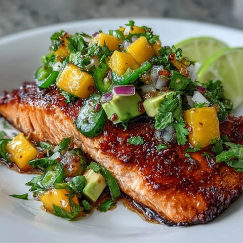 Juicy baked salmon served with a zesty mango avocado salsa, perfect for a fresh, light meal.  