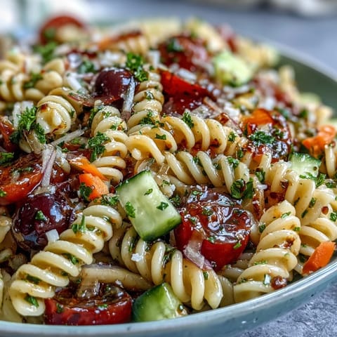 Colorful Memorial Day pasta salad with fresh veggies and Italian dressing.