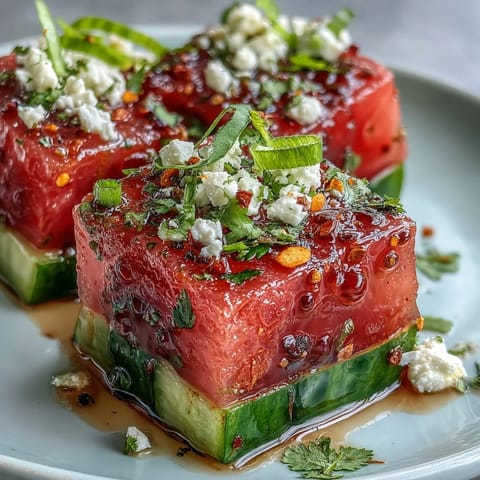 Juicy watermelon and crisp cucumber salad, seasoned with zesty Tajin and lime.