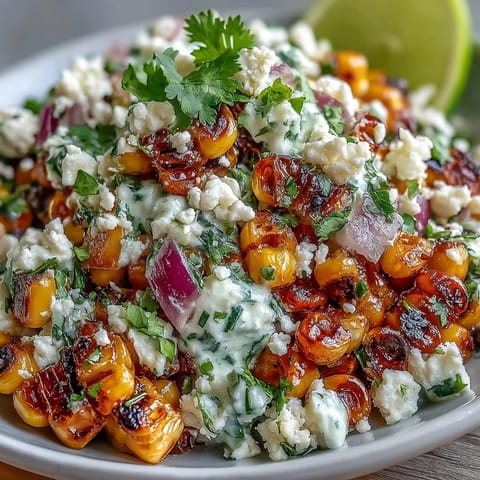 Mexican Street Corn Salad: Charred kernels, creamy dressing, cotija, and lime.