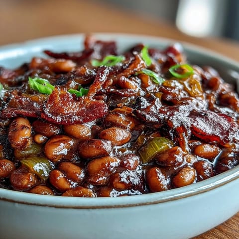Juneteenth BBQ Baked Beans with Bacon and Molasses, a smoky-sweet Southern comfort food.