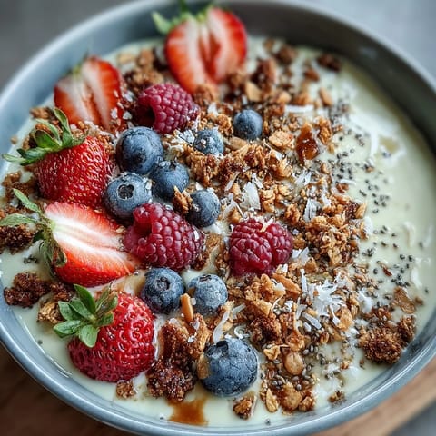 Skyr protein smoothie bowl topped with colorful berries and crunchy granola.