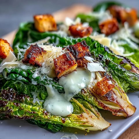Juicy Grilled Caesar Salad with Charred Romaine, topped with creamy dressing and croutons.