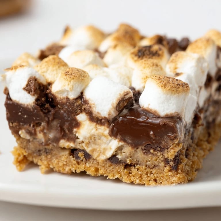 A close-up of gooey S'mores Bars shows a buttery graham cracker base and melted chocolate, served warm.