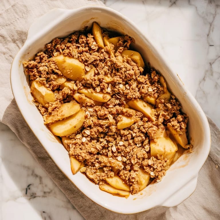 A scoop of vanilla ice cream melting over freshly baked Apple Crumble, bubbling apples and crunchy golden crumble topping.