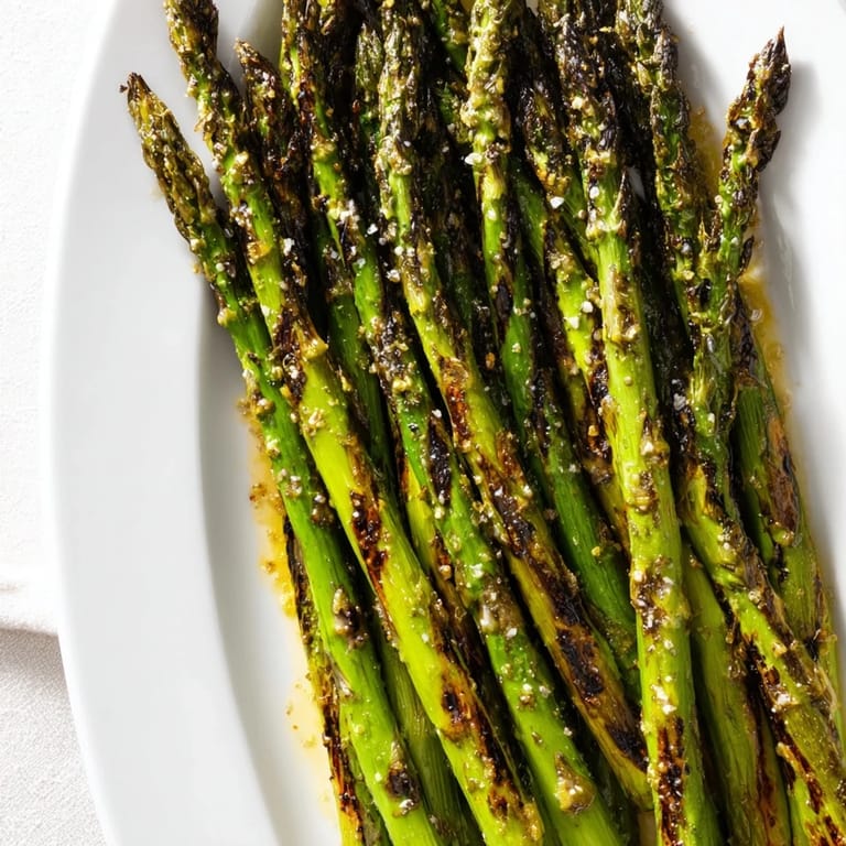 Freshly grilled asparagus served on a platter with lemon wedges, an easy vegan side dish.