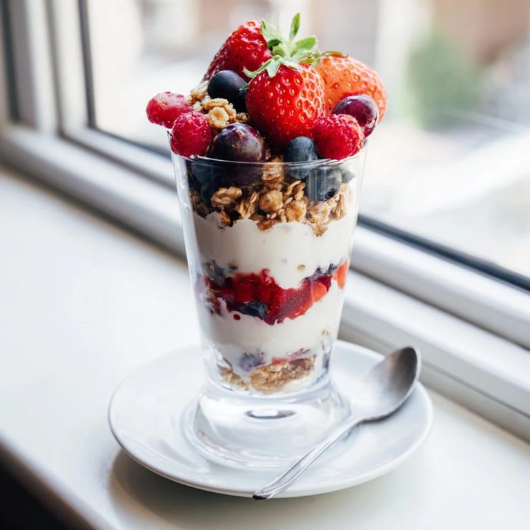 Ready-to-eat Berry Parfait with alternating layers of yogurt, granola, and berries, perfect for a quick, nutritious snack.
