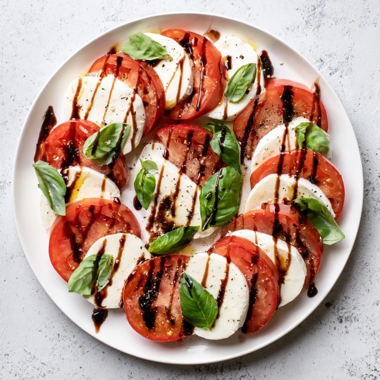 Vibrant Caprese Salad on a platter, featuring juicy tomato rounds, fresh mozzarella, basil leaves, and a sweet balsamic glaze finish.
