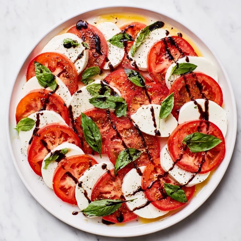 Ready in ten minutes, this vegetarian Caprese Salad pairs olive oil-dressed tomatoes and mozzarella with fresh basil for a light appetizer.