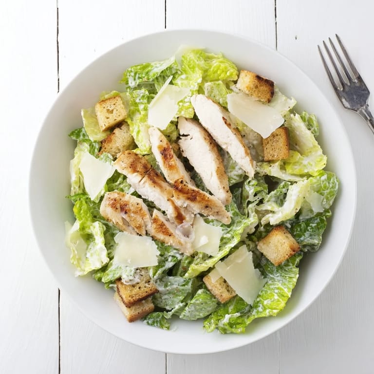 Bright serving of Chicken Caesar Salad shows juicy chicken and golden croutons on crunchy romaine, drizzled with rich dressing for an easy main course.