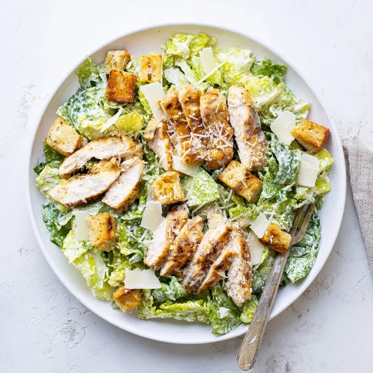 Classic Chicken Caesar Salad plated for four, featuring tender grilled chicken, shaved Parmesan, and crunchy croutons on crisp romaine with creamy dressing.