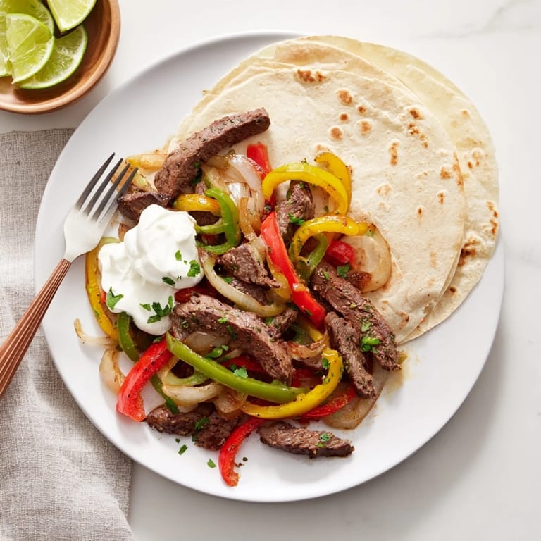 Juicy Steak Fajitas on a platter with peppers, onions, and tortillas for a delicious family dinner.