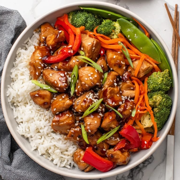 Freshly glazed teriyaki chicken glistens on fluffy rice, garnished with sesame seeds and sliced green onions.