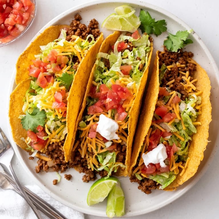 Freshly baked Beef Tacos with ground beef, crisp lettuce, and salsa, served with lime wedges and cilantro garnish.