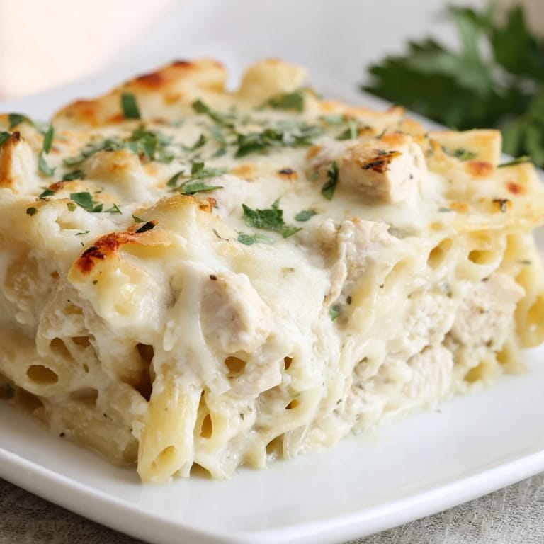 Freshly baked Chicken Alfredo Bake with golden cheese crust and tender chicken pieces.