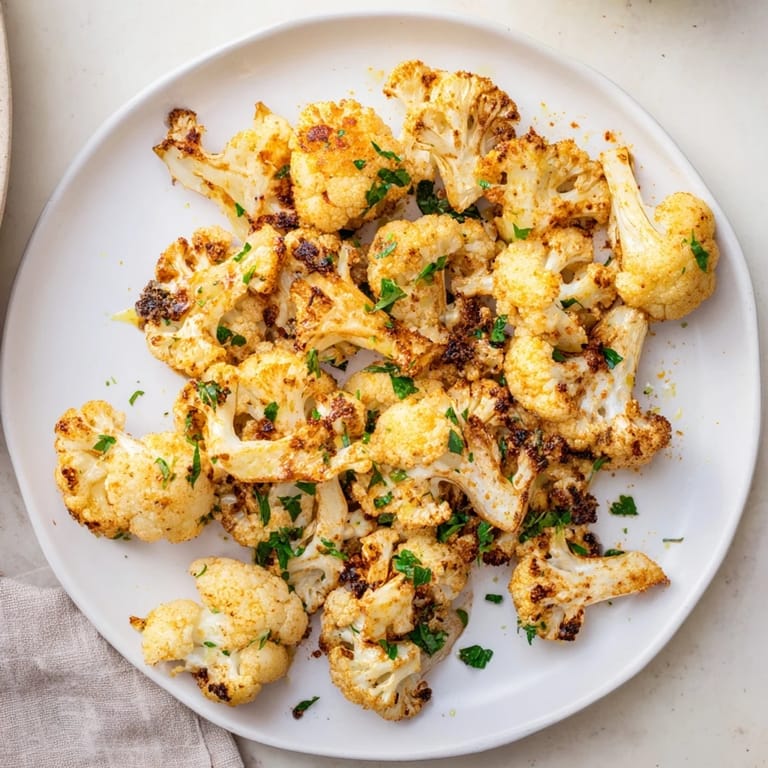 Fork-tender Roasted Cauliflower garnished with fresh parsley and a bright lemon drizzle, served warm.