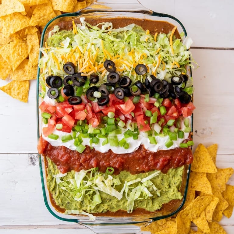 Homemade Seven-Layer Dip showing vibrant guacamole and chunky salsa, a chilled Tex-Mex appetizer ready for a party.