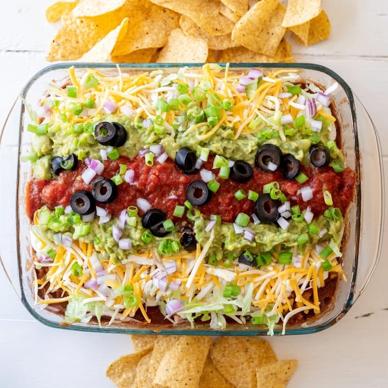 Seven-Layer Dip in a glass dish, topped with black olives and green onions, paired with crunchy dippers.