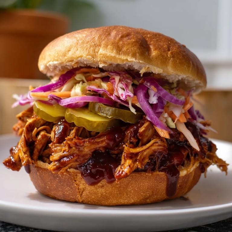 Savory grilled BBQ chicken sandwich with crisp red onion rings and tangy barbecue sauce drizzle close-up.