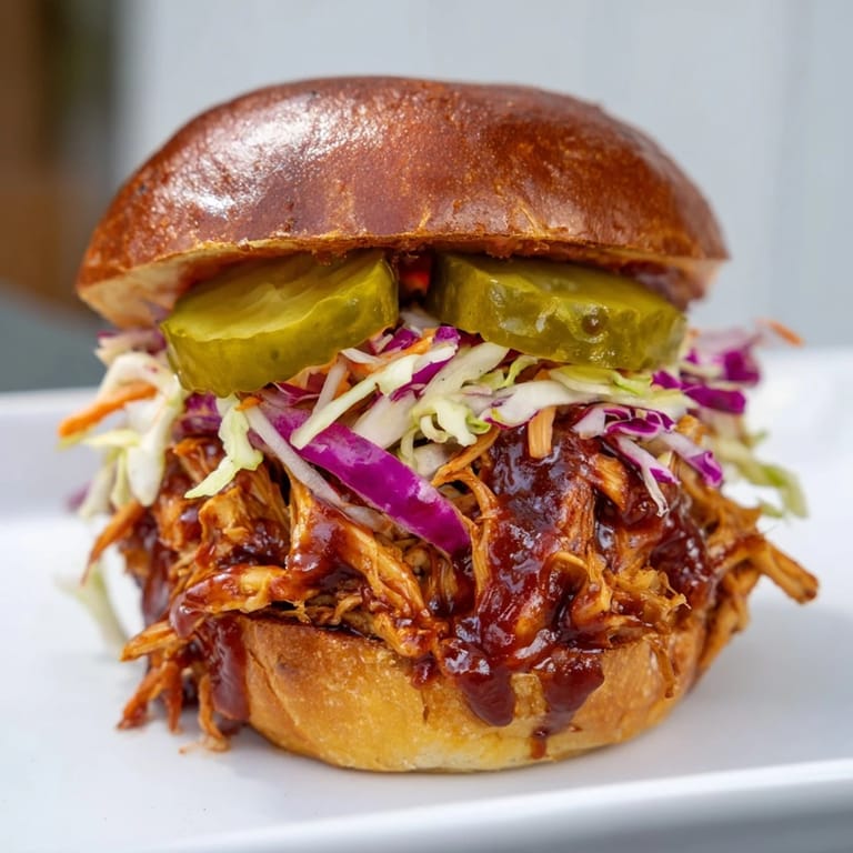 Homemade BBQ chicken sandwich served with crunchy pickles and fresh slaw, perfect for a quick dinner.