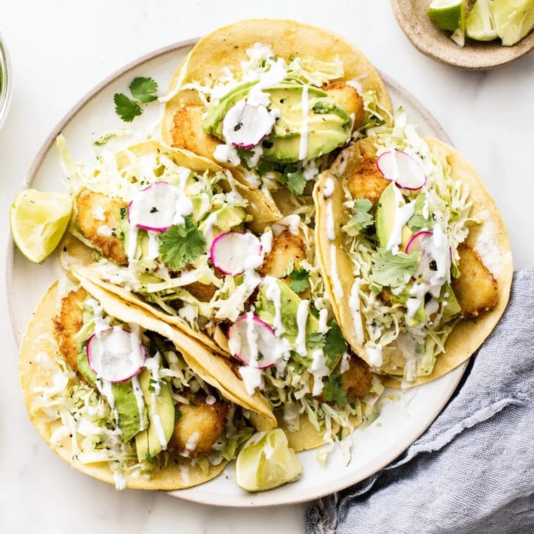 Golden fried Baja Fish Tacos topped with fresh avocado slices, cilantro, and red onion on a plate.