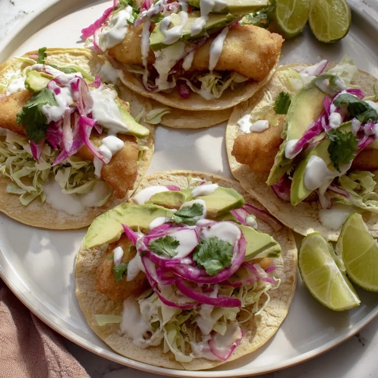 Sizzling Baja Fish Tacos with flaky white fish, lime wedges, and drizzled zesty creamy sauce for dinner.
