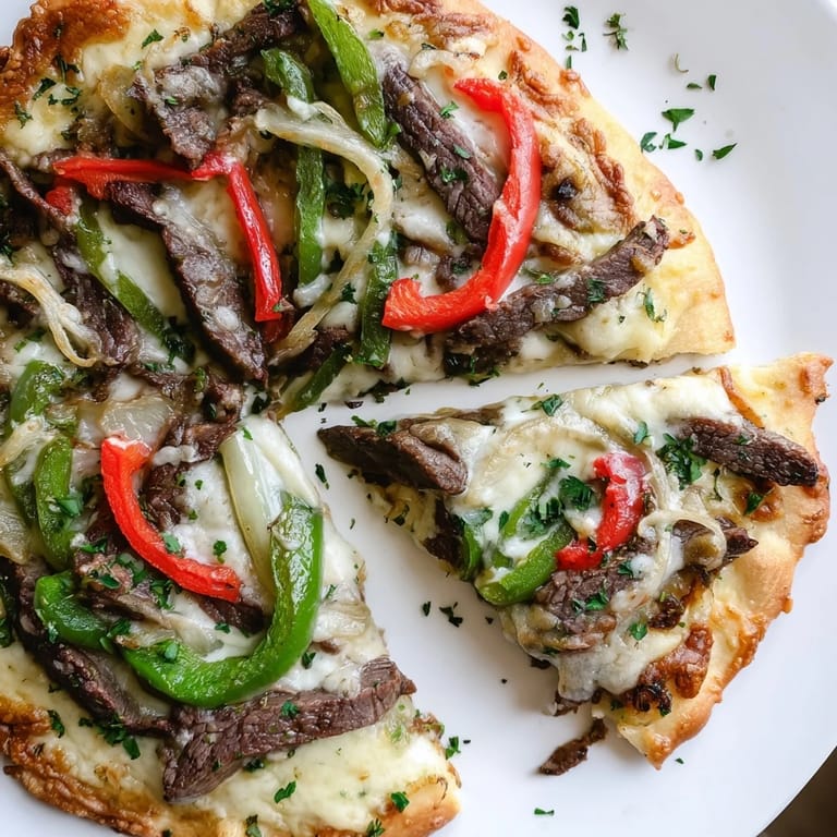 Philly Cheesesteak Pizza on a wooden board, ready to serve with a side of marinara.