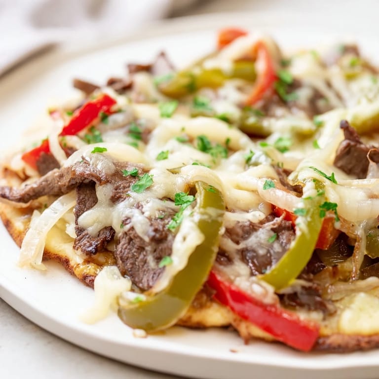 Close-up slice of Philly Cheesesteak Pizza showing tender ribeye steak and gooey mozzarella layers. 