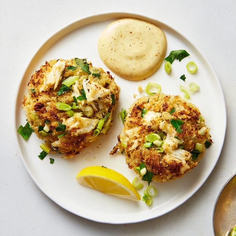 Delicious golden Crab Cakes garnished with fresh herbs, ready to be served hot.