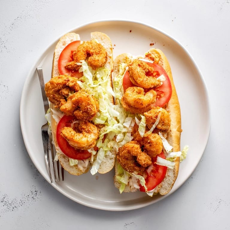Homemade Shrimp Po Boy featuring crunchy fried shrimp tucked into a toasted bun with tangy pickles and spicy mayo.