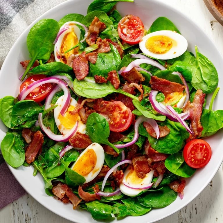 Freshly tossed Spinach Salad with Bacon, drizzled with tangy dressing and served in a white bowl for an easy lunch.