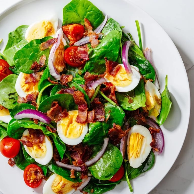 Easy homemade Spinach Salad with Bacon, loaded with boiled eggs, red onion, and a honey-Dijon vinaigrette for a light dinner.