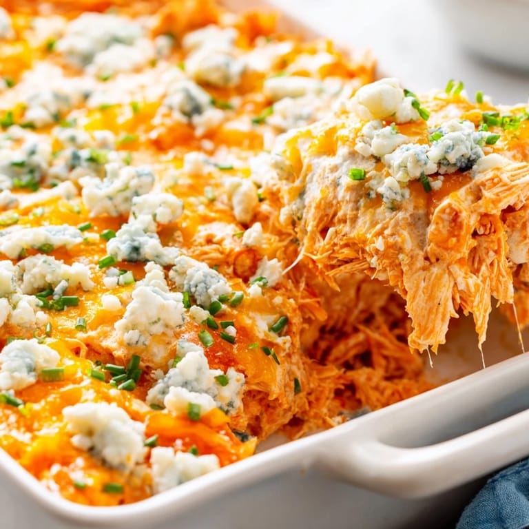 Creamy and cheesy Buffalo Chicken Dip garnished with green chives on a rustic platter.