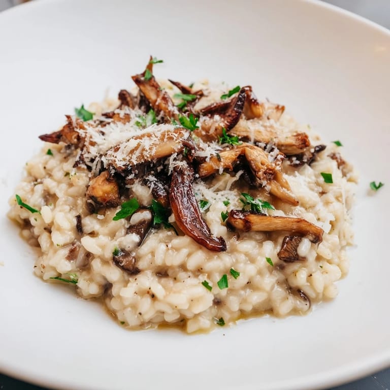 Warm Roasted Mushroom Risotto steams in a white bowl, topped with golden roasted mushrooms, grated Parmesan, and a sprig of thyme.