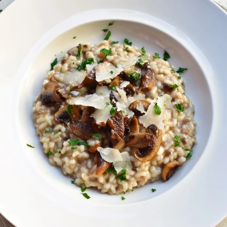 Serving of Roasted Mushroom Risotto on a wooden table with a side salad, wine glass, and fresh thyme garnish.