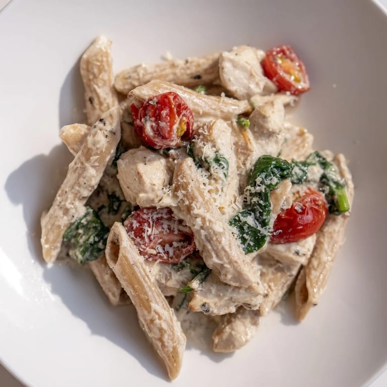 Healthy Greek Yogurt Chicken Pasta served warm with grated Parmesan and a lemon wedge, ideal for a quick weeknight meal.