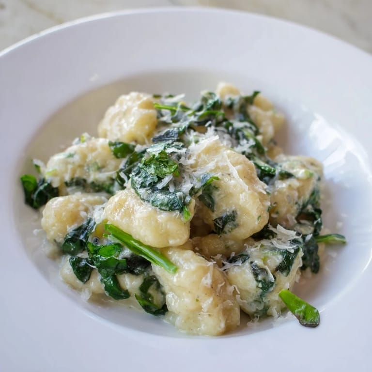 Close-up of Creamy Garlic Gnocchi topped with fresh cracked pepper, highlighting soft potato dumplings in velvety cream sauce.
