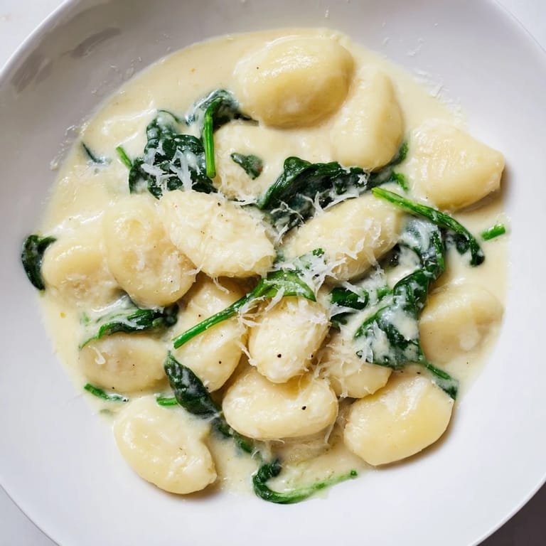 Restaurant-style Creamy Garlic Gnocchi plated in a white bowl, garnished with parmesan, ready for an easy weeknight dinner.