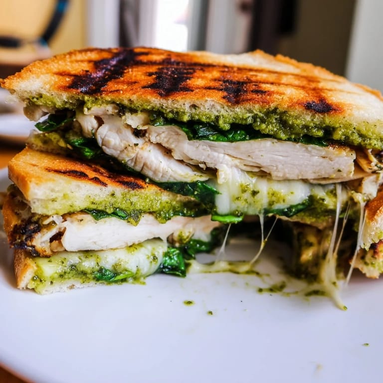 Slices of golden-brown Chicken Pesto Panini reveal juicy chicken and vibrant green pesto on a rustic wooden board.