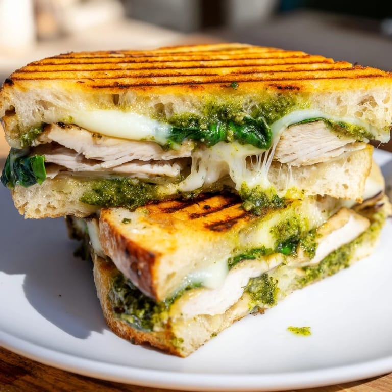 This Italian-inspired Chicken Pesto Panini is served with cherry tomatoes and arugula for a fresh, colorful lunch pairing.
