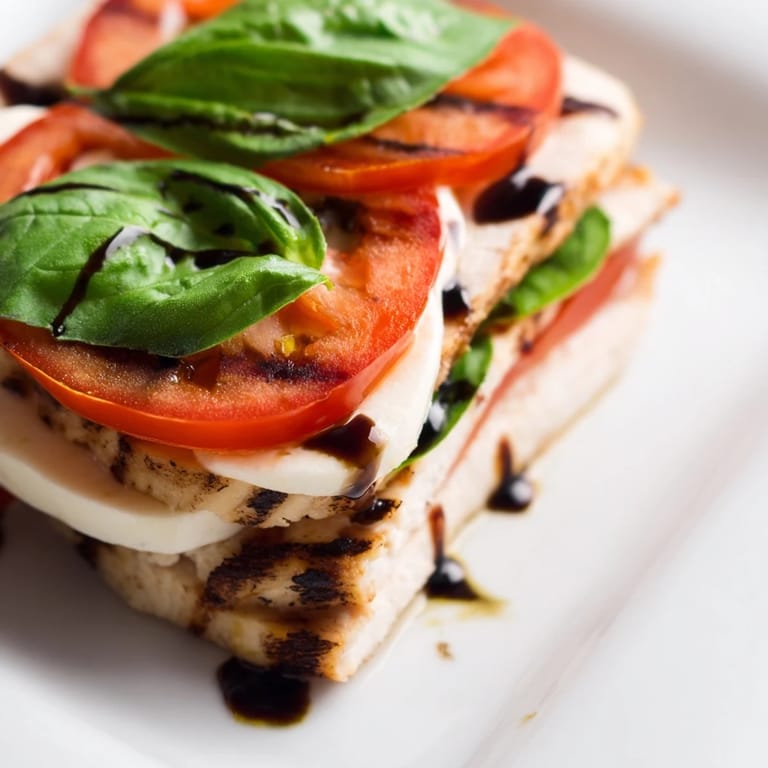 Fresh basil leaves and colorful tomatoes pair with tender grilled chicken in a simple, classic Chicken Caprese Salad presentation.