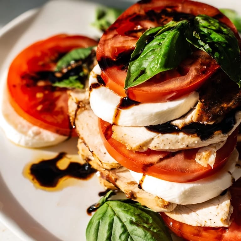 Sliced mozzarella and grilled chicken breast are layered over mixed greens, finished with a balsamic drizzle for a refreshing Chicken Caprese Salad.