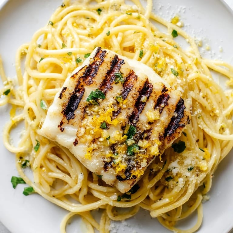 Flaky grilled sea bass fillet on a bed of spaghetti tossed in a glossy, buttery lemon-garlic sauce with fresh parsley.